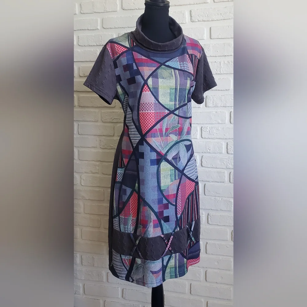 Smash! Abstract Patchwork Midi Cowl Neck Sweater Dress Short Sleeves Boho Hippie - Picture 7 of 16